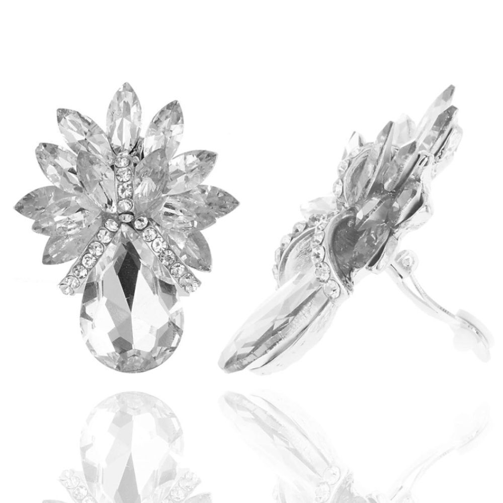 Silver with White Diamond Crystal Tropical Pineapple Clip On Statement Earrings